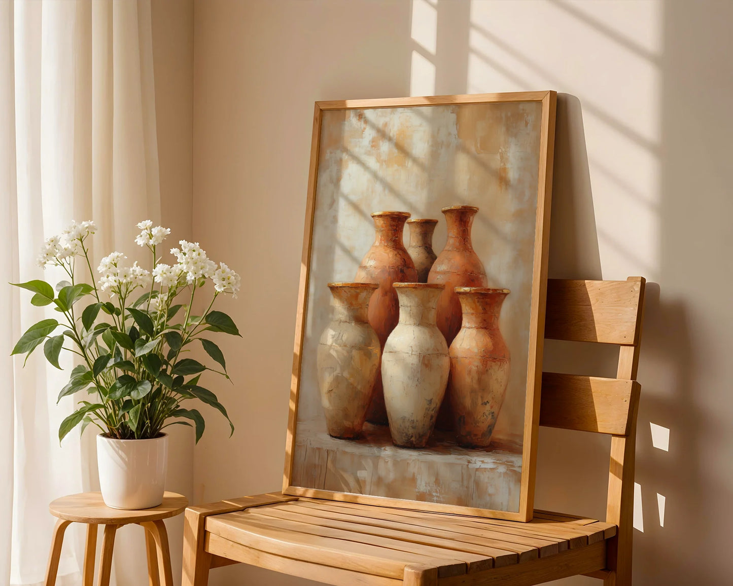 Terracotta Pottery Still Life Boho Six Vessels Canvas Wall Art — Bohemian styled room showcasing canvas artwork of six timeworn clay urns for eclectic home decor