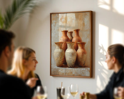 Terracotta Pottery Still Life Boho Six Vessels Canvas Wall Art — Vintage-inspired interior featuring hand-painted ceramic jars canvas art for bohemian decorating