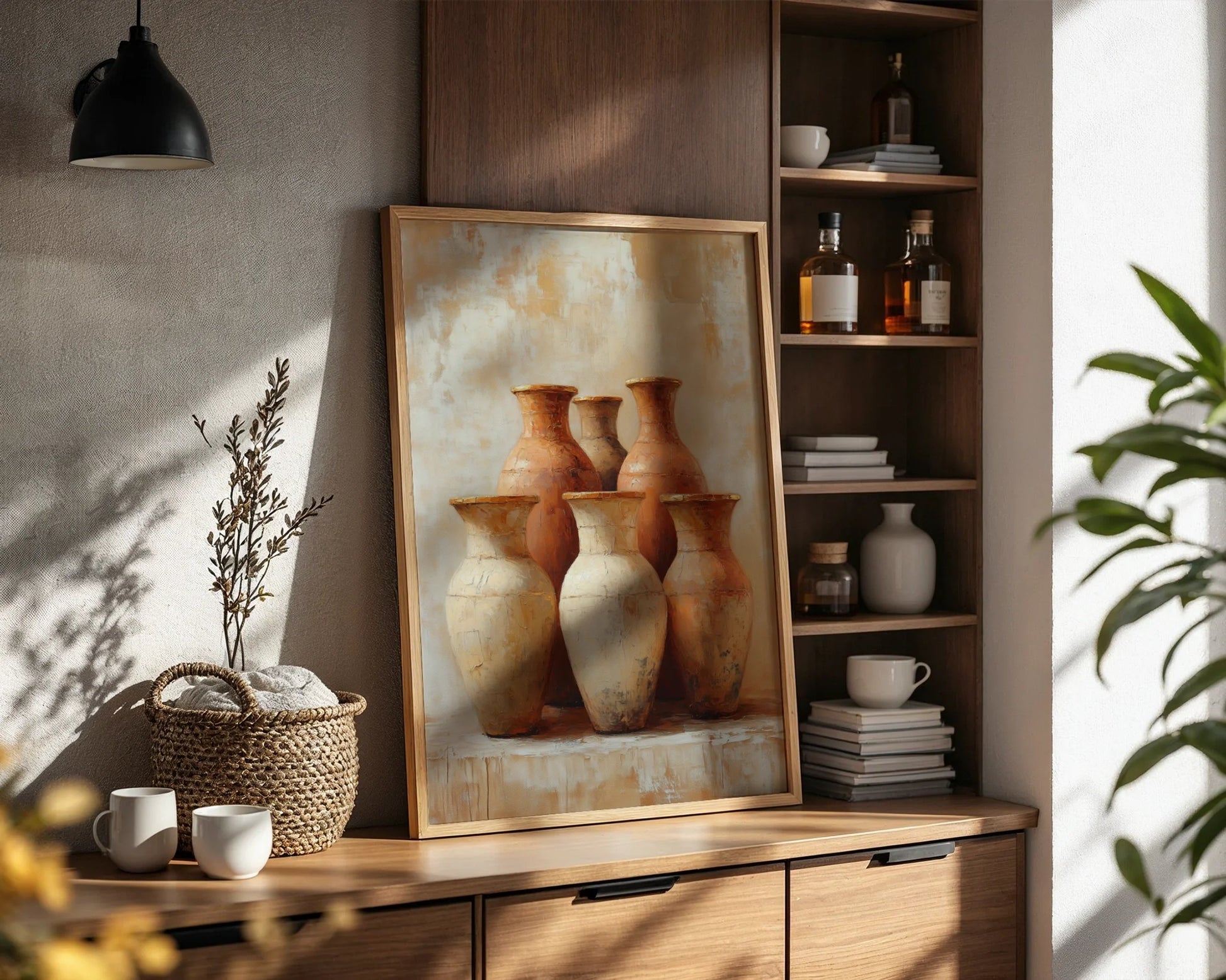 Terracotta Pottery Still Life Boho Six Vessels Canvas Wall Art — Mediterranean-style room displaying textured canvas of old earthenware crocks for rustic interiors