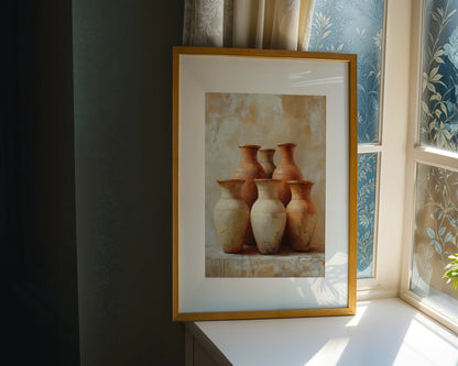 Terracotta Pottery Still Life Boho Six Vessels in room
