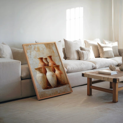 Terracotta Pottery Still Life Boho Six Vessels in room