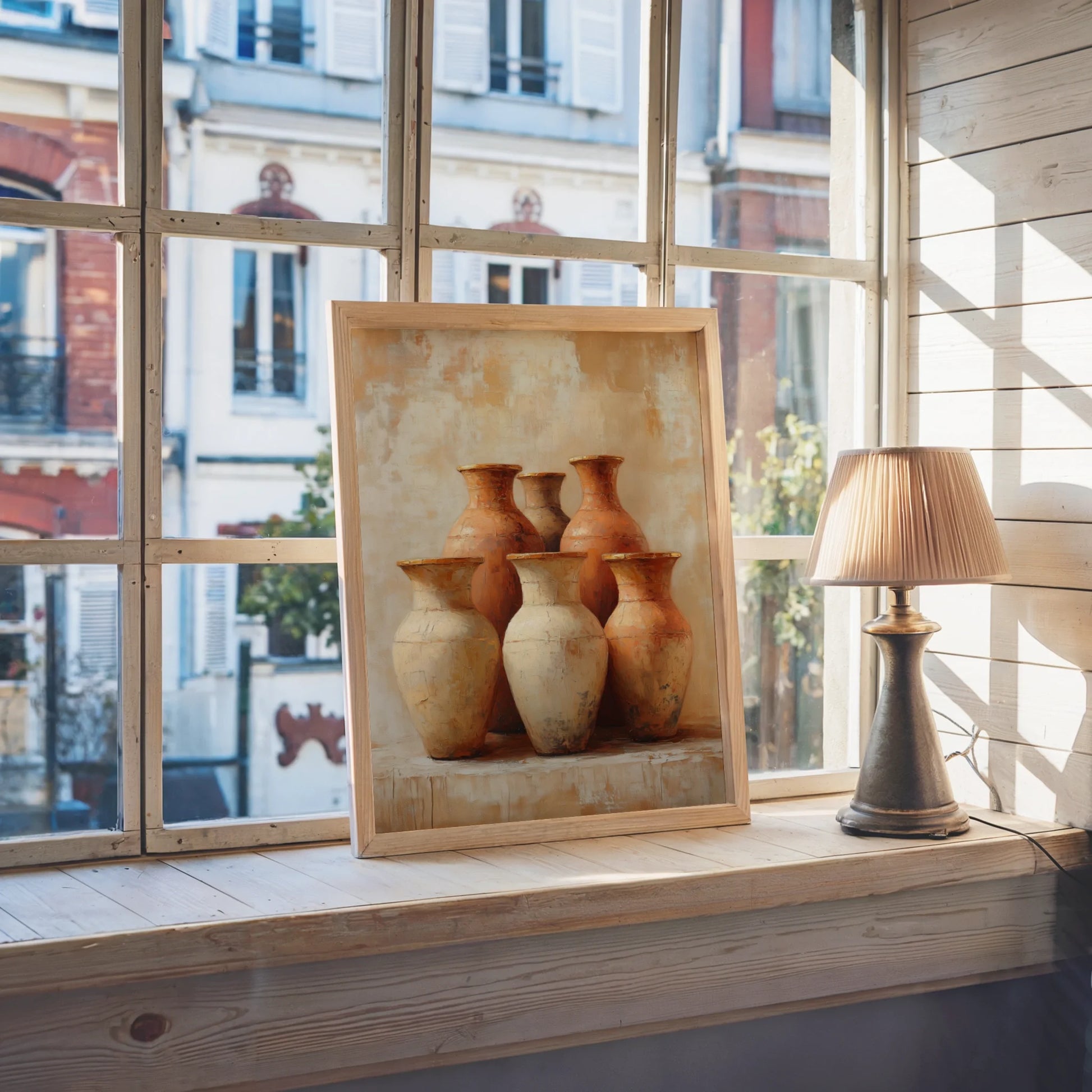 Terracotta Pottery Still Life Boho Six Vessels Canvas Wall Art — Sun-baked clay tones dominate this textured canvas artwork in cream and burnt sienna palette