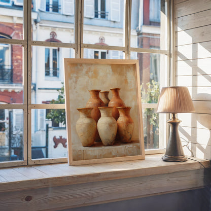Terracotta Pottery Still Life Boho Six Vessels Canvas Wall Art — Sun-baked clay tones dominate this textured canvas artwork in cream and burnt sienna palette
