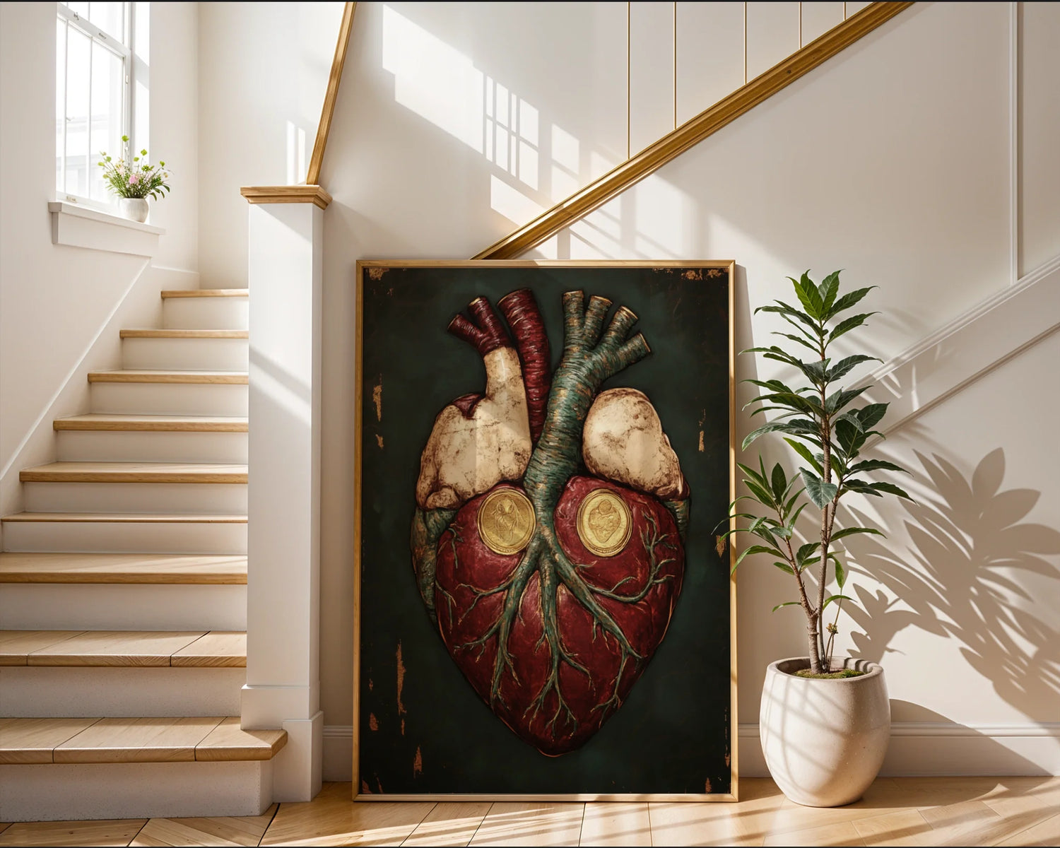 Anatomical Heart Art Gold Medallion Crown Canvas Wall Art — Scholarly canvas featuring regal human heart with ancient medallions for academic-inspired interiors