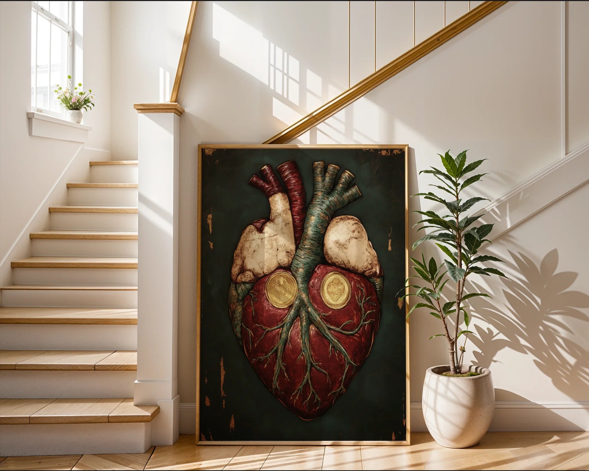 Anatomical Heart Art Gold Medallion Crown Canvas Wall Art — Scholarly canvas featuring regal human heart with ancient medallions for academic-inspired interiors