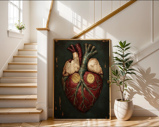 Anatomical Heart Art Gold Medallion Crown Canvas Wall Art — Scholarly canvas featuring regal human heart with ancient medallions for academic-inspired interiors
