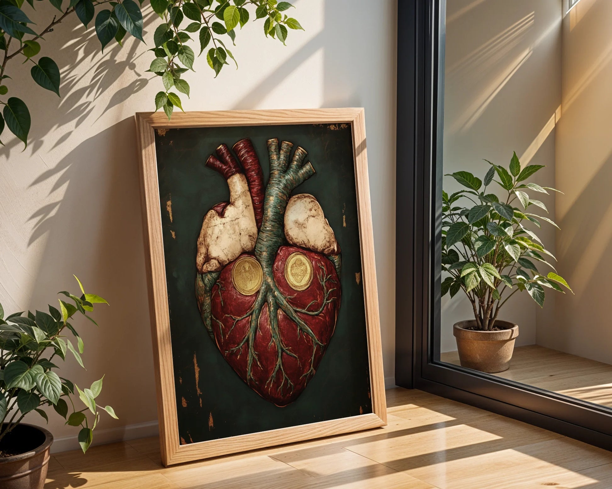 Anatomical Heart Art Gold Medallion Crown Canvas Wall Art — Mysterious cardiovascular artwork displaying ornate golden accents in dramatic room setting
