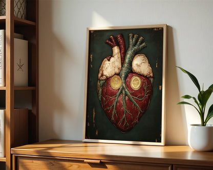 Anatomical Heart Art Gold Medallion Crown Canvas Wall Art — Industrial-style cardiac illustration with metallic crown elements for edgy home aesthetics