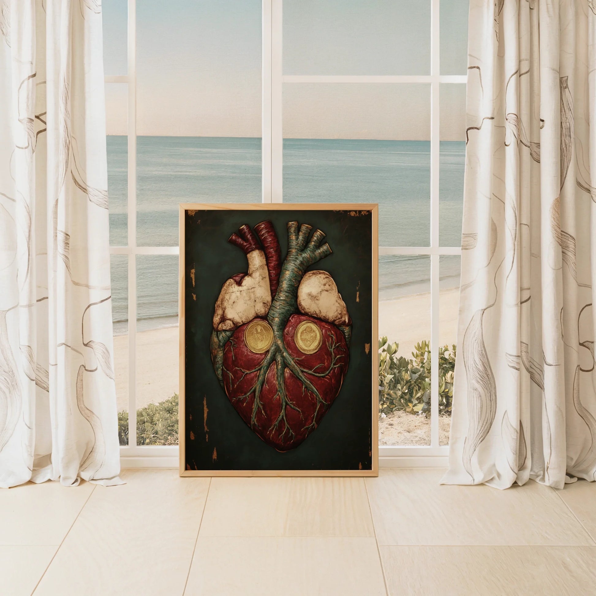 Anatomical Heart Art Gold Medallion Crown Canvas Wall Art — Deep crimson heart canvas with weathered copper patina textures for rich color scheme homes
