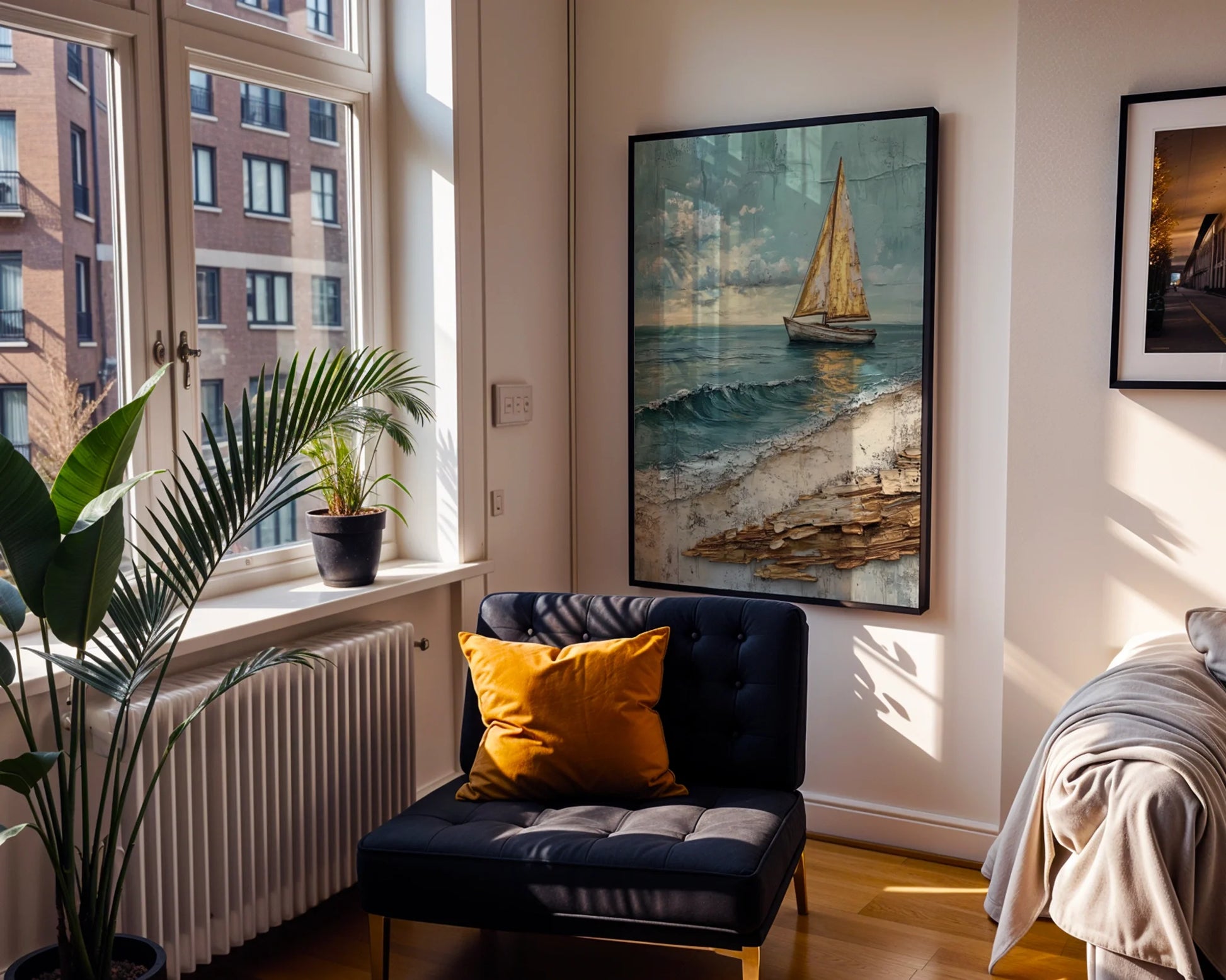 Sailboat Coastal Storm Waves Textured Print in room