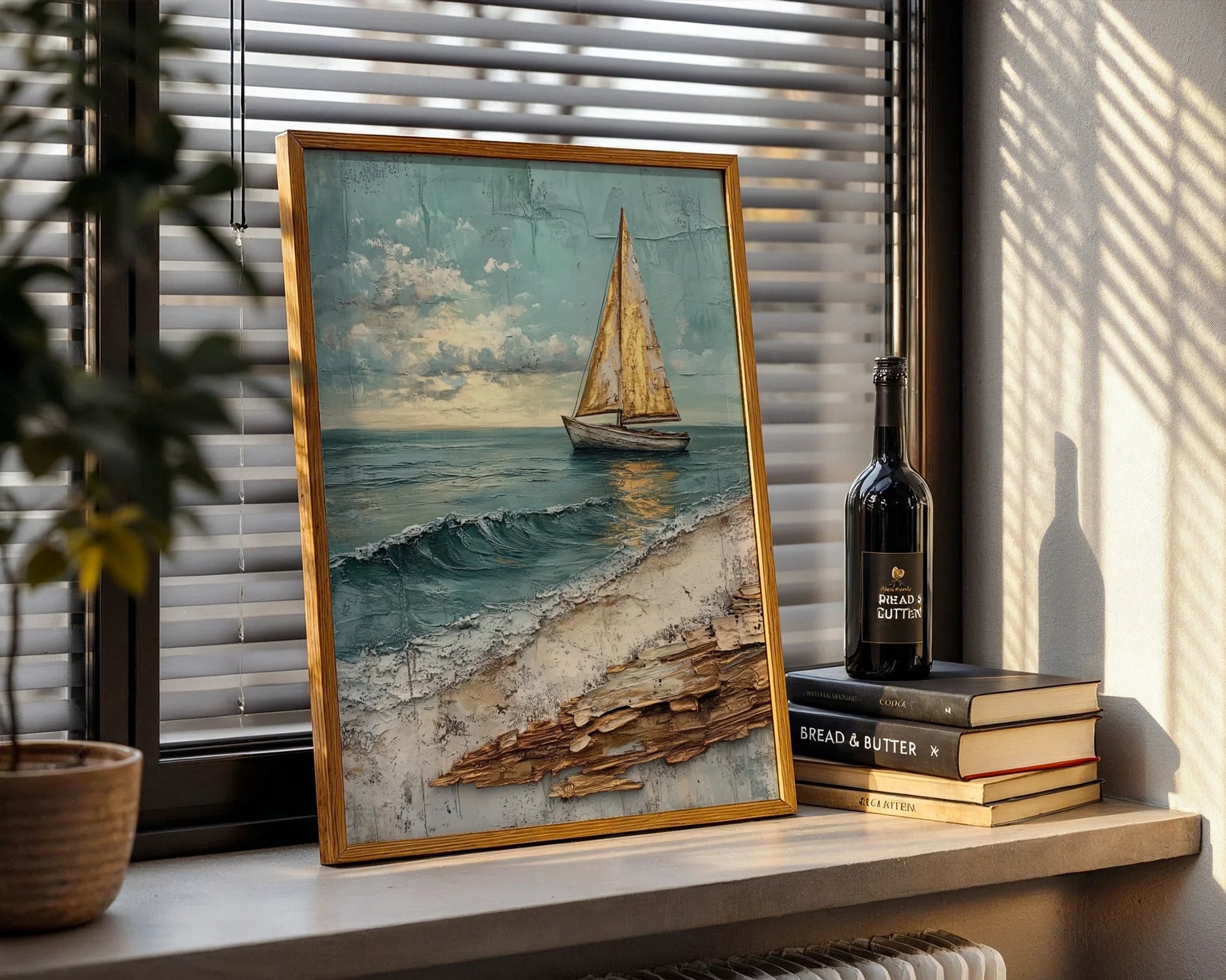 Sailboat Canvas Wall Art Coastal Storm Waves Textured Print — Minimalist maritime artwork featuring classic yacht design displayed in contemporary living space