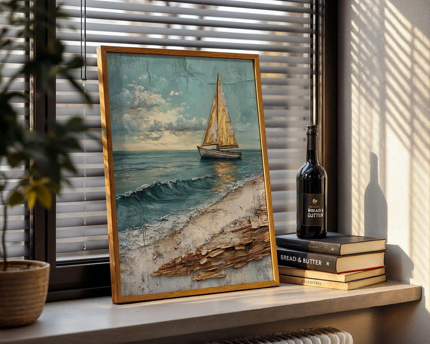 Sailboat Coastal Storm Waves Textured Print in room