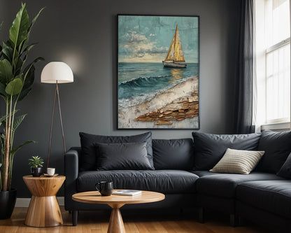Sailboat Canvas Wall Art Coastal Storm Waves Textured Print — Cottage-inspired ocean scene with vintage sailing craft perfect for casual interior styling