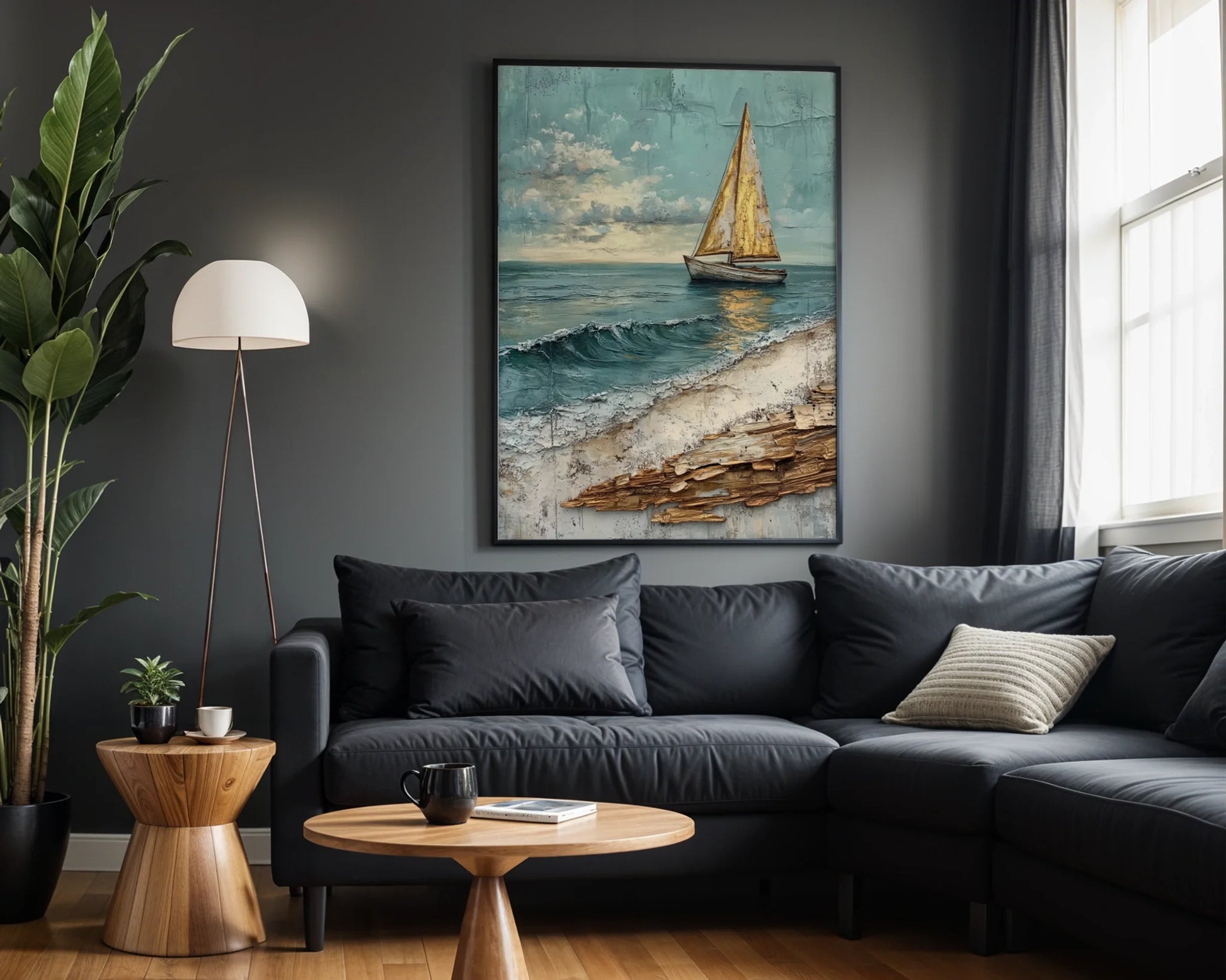 Sailboat Coastal Storm Waves Textured Print in room