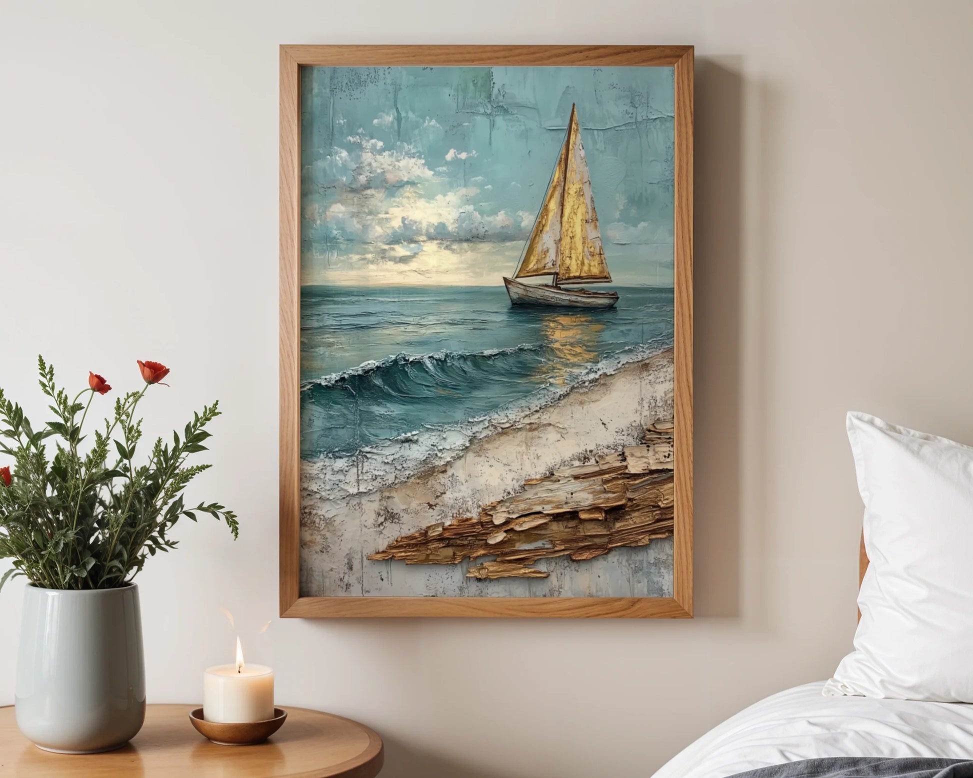 Sailboat Canvas Wall Art Coastal Storm Waves Textured Print — Traditional seascape canvas showing historic vessel amid turbulent waters for timeless home design