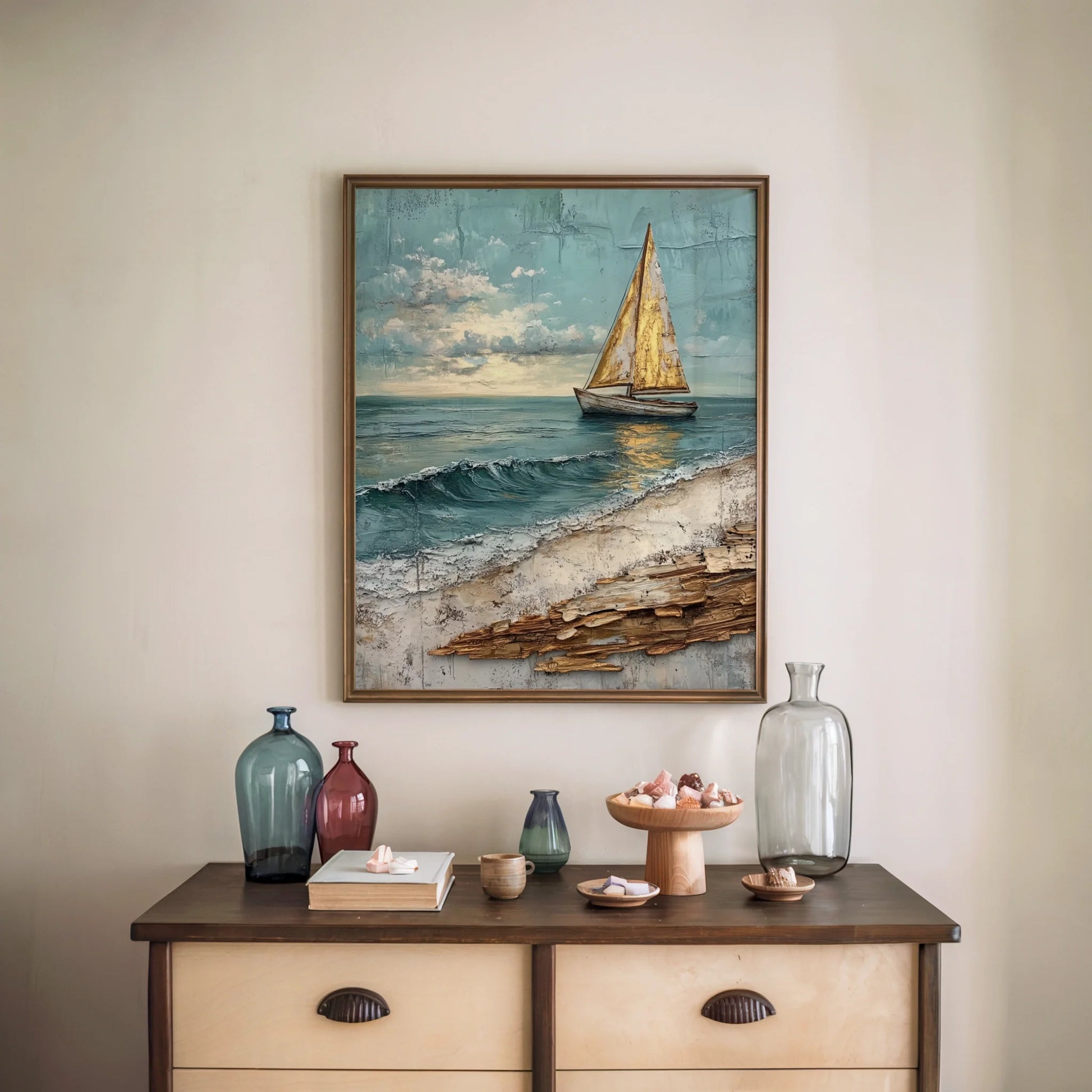 Sailboat Coastal Storm Waves Textured Print in room