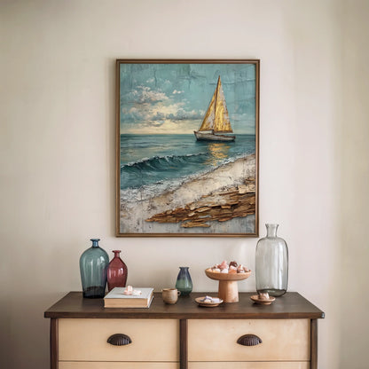 Sailboat Coastal Storm Waves Textured Print in room