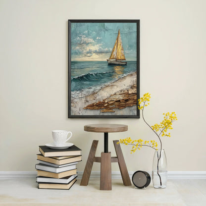 Sailboat Canvas Wall Art Coastal Storm Waves Textured Print — Teal and amber textured canvas art with raised surface details mimicking weathered driftwood finish