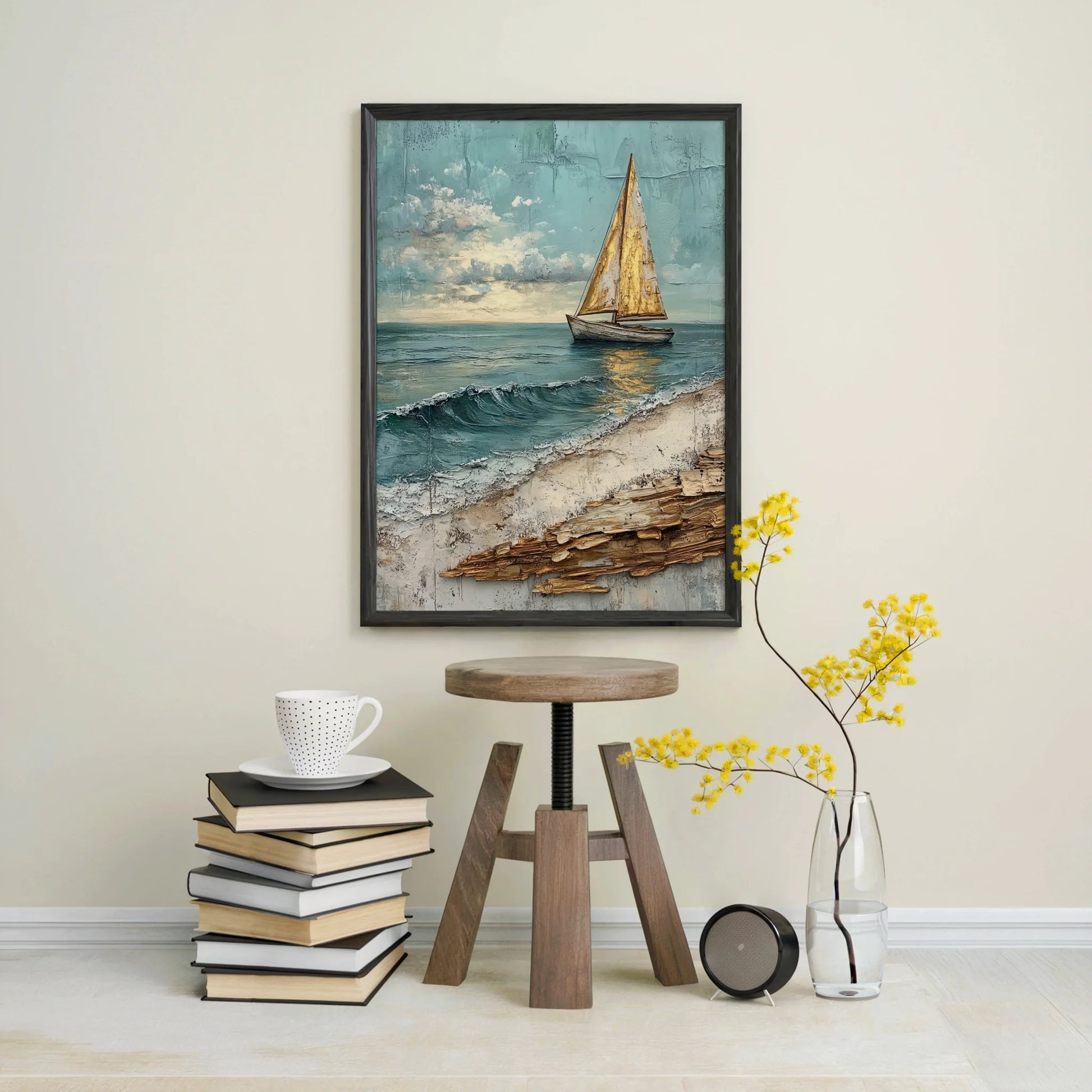 Sailboat Coastal Storm Waves Textured Print in room