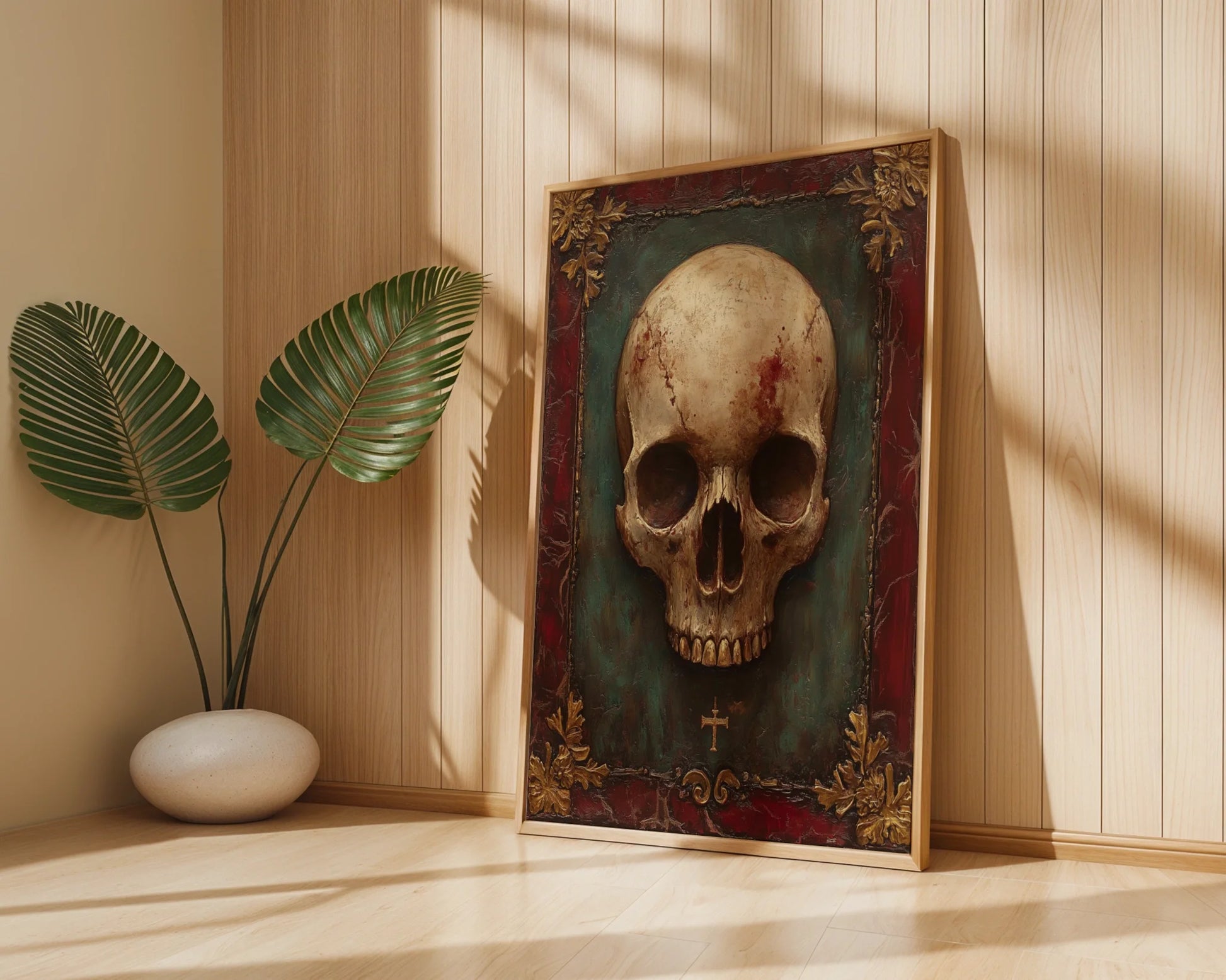 Gothic Skull Art Gold Frame Dark Academia in room