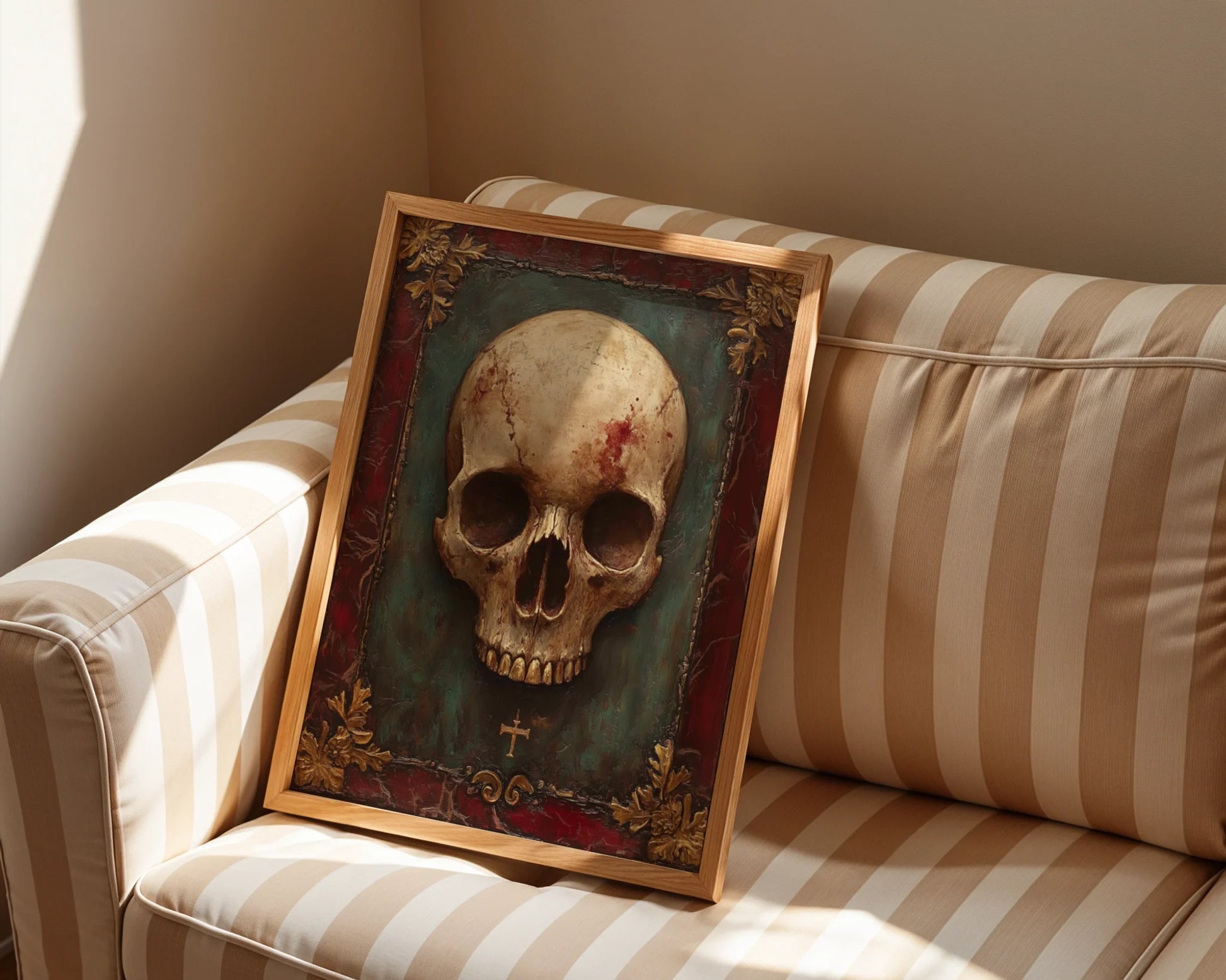 Gothic Skull Art Gold Frame Canvas Wall Art Dark Academia — Shadowy anatomical print showcased in refined traditional home featuring ornate decorative elements