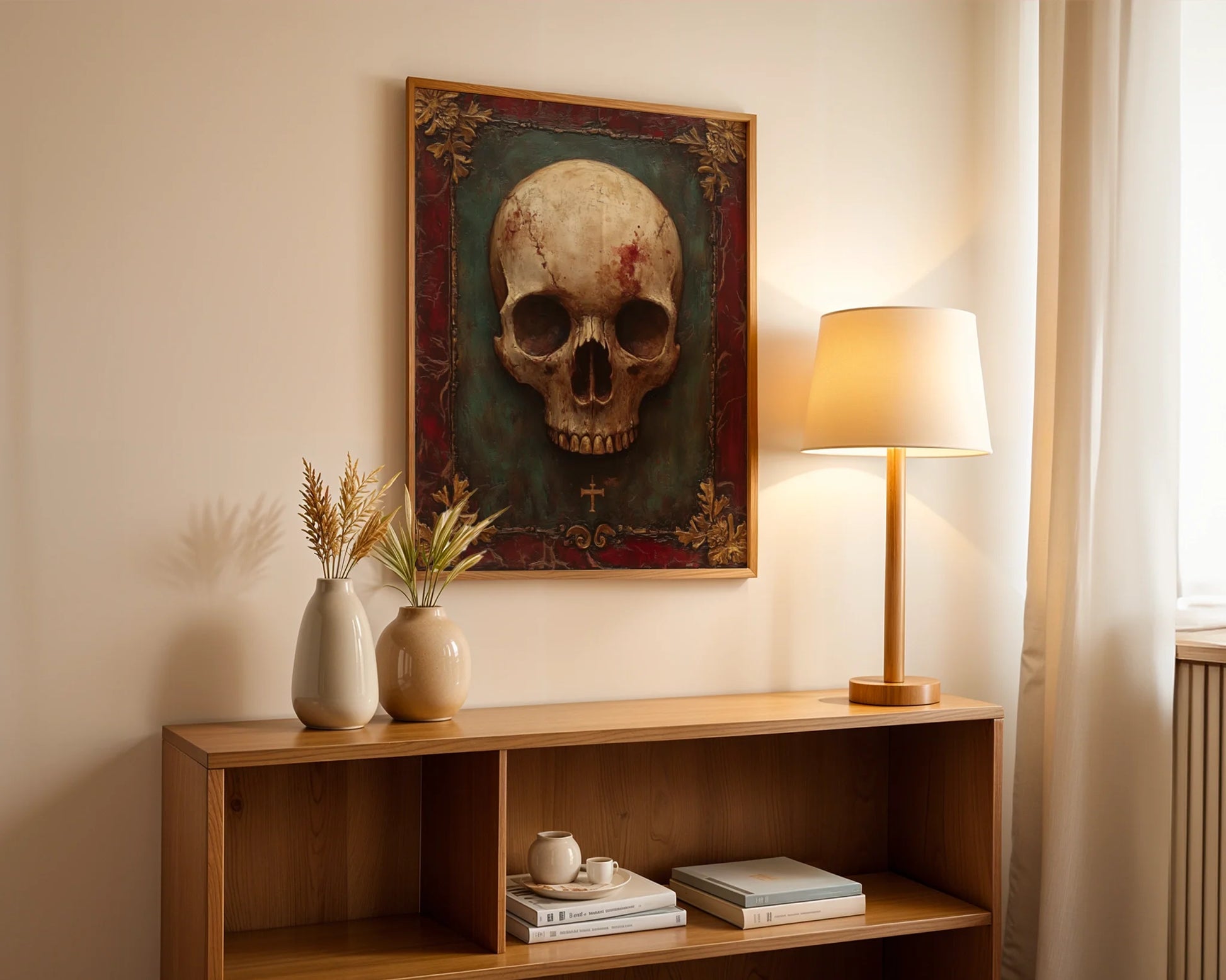 Gothic Skull Art Gold Frame Canvas Wall Art Dark Academia — Historic bone illustration hung in period-inspired living space with antique furnishing accents