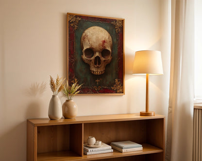 Gothic Skull Art Gold Frame Canvas Wall Art Dark Academia — Historic bone illustration hung in period-inspired living space with antique furnishing accents