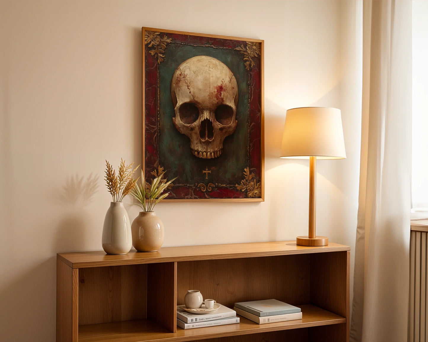 Gothic Skull Art Gold Frame Dark Academia in room