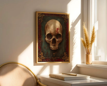 Gothic Skull Art Gold Frame Canvas Wall Art Dark Academia — Elaborate death's head canvas positioned in luxurious classical interior with rich textures