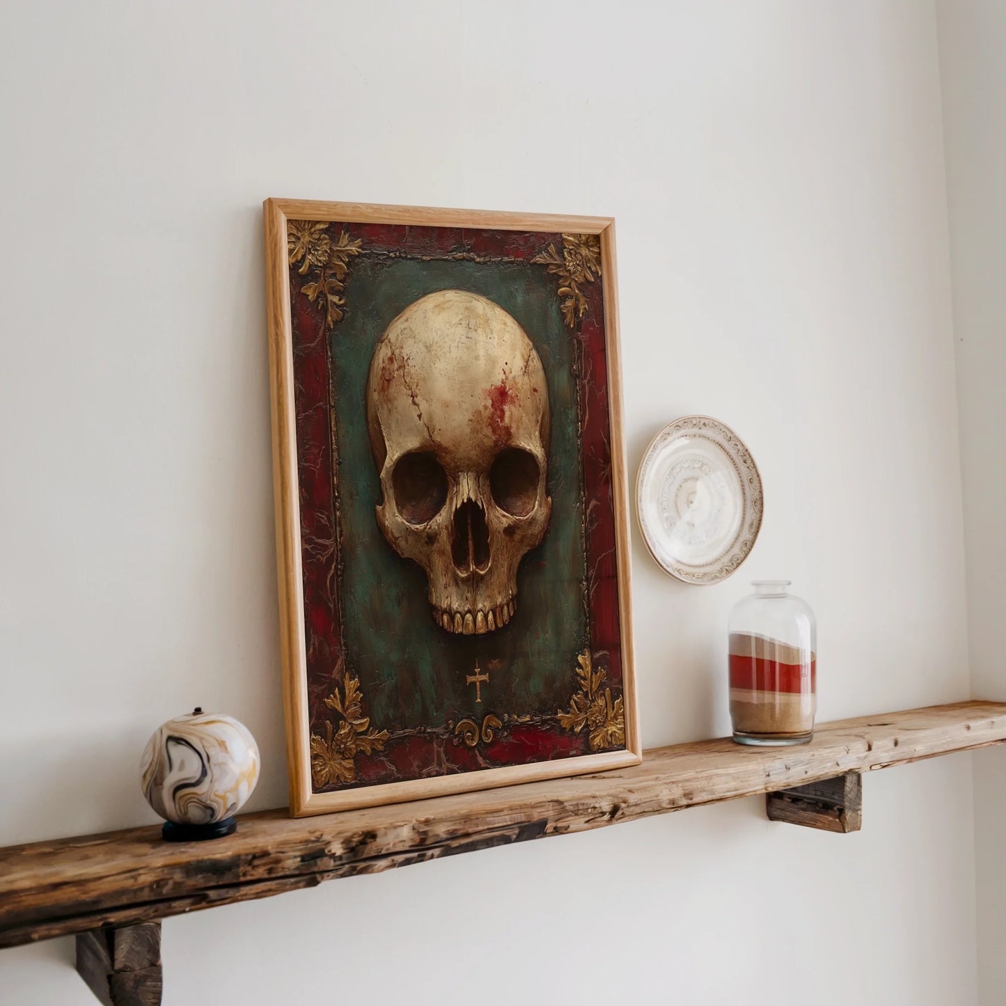Gothic Skull Art Gold Frame Canvas Wall Art Dark Academia — Romantic era mortality art featured in nostalgic home decor with vintage charm throughout