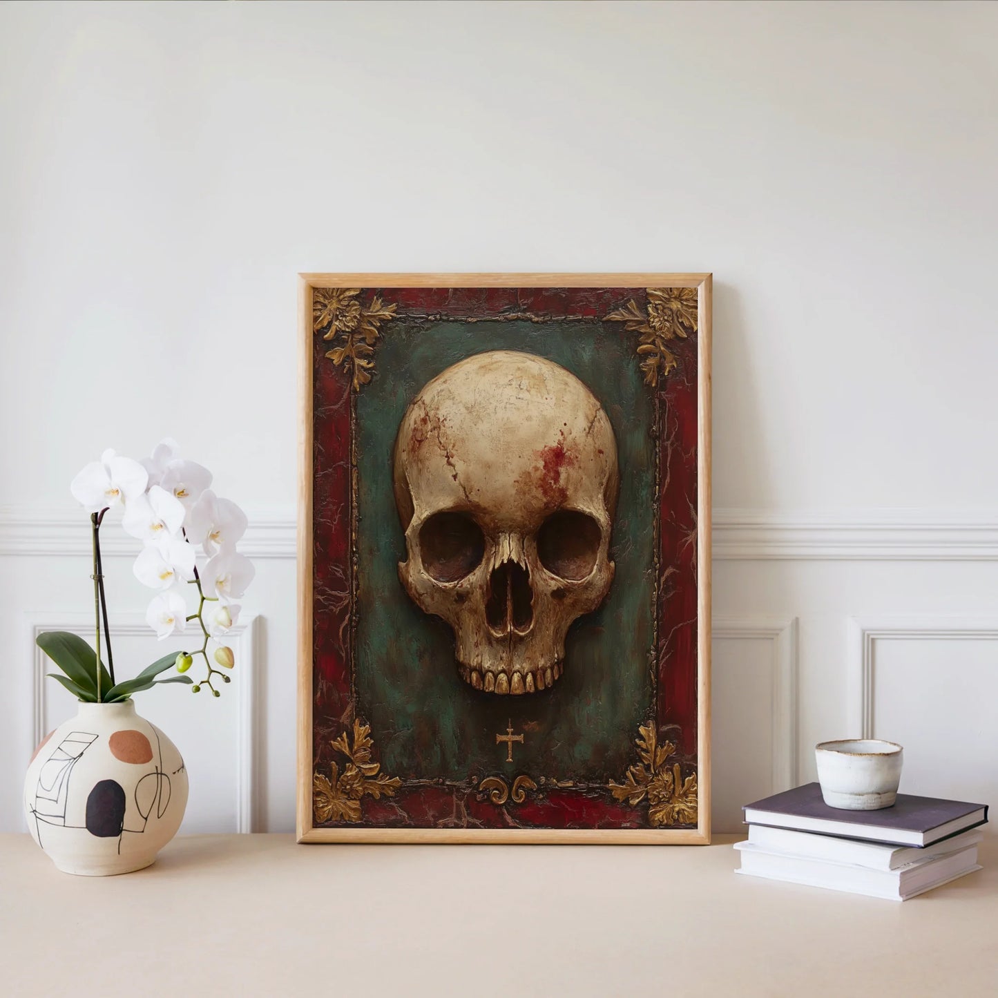 Gothic Skull Art Gold Frame Dark Academia in room
