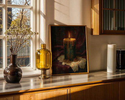 Antique Candle Painting Emerald Gold Tears Canvas Wall Art — Dark academia inspired canvas showcasing melting emerald candle dripping onto aged manuscript pages