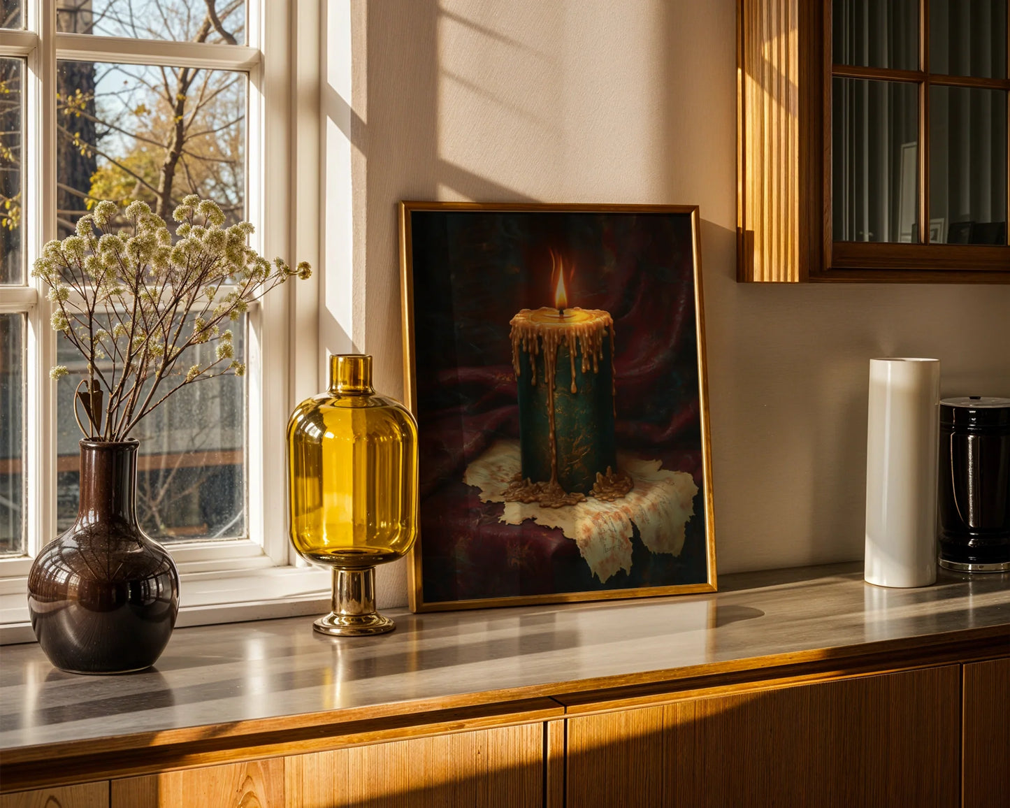 Antique Candle Painting Emerald Gold Tears in room