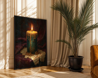 Antique Candle Painting Emerald Gold Tears in room