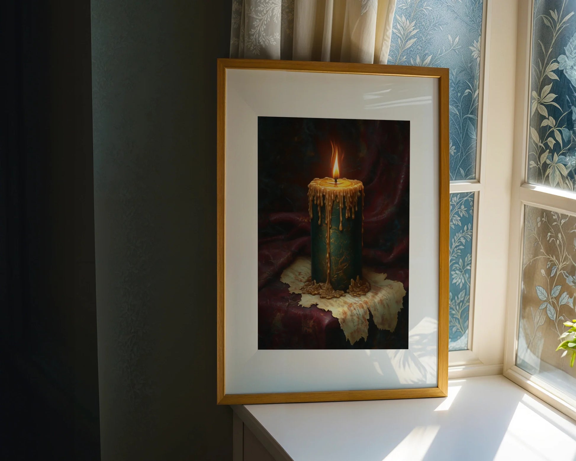 Antique Candle Painting Emerald Gold Tears Canvas Wall Art — Medieval manuscript canvas art displaying flickering candle flame illuminating ancient text scrolls