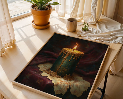 Antique Candle Painting Emerald Gold Tears in room
