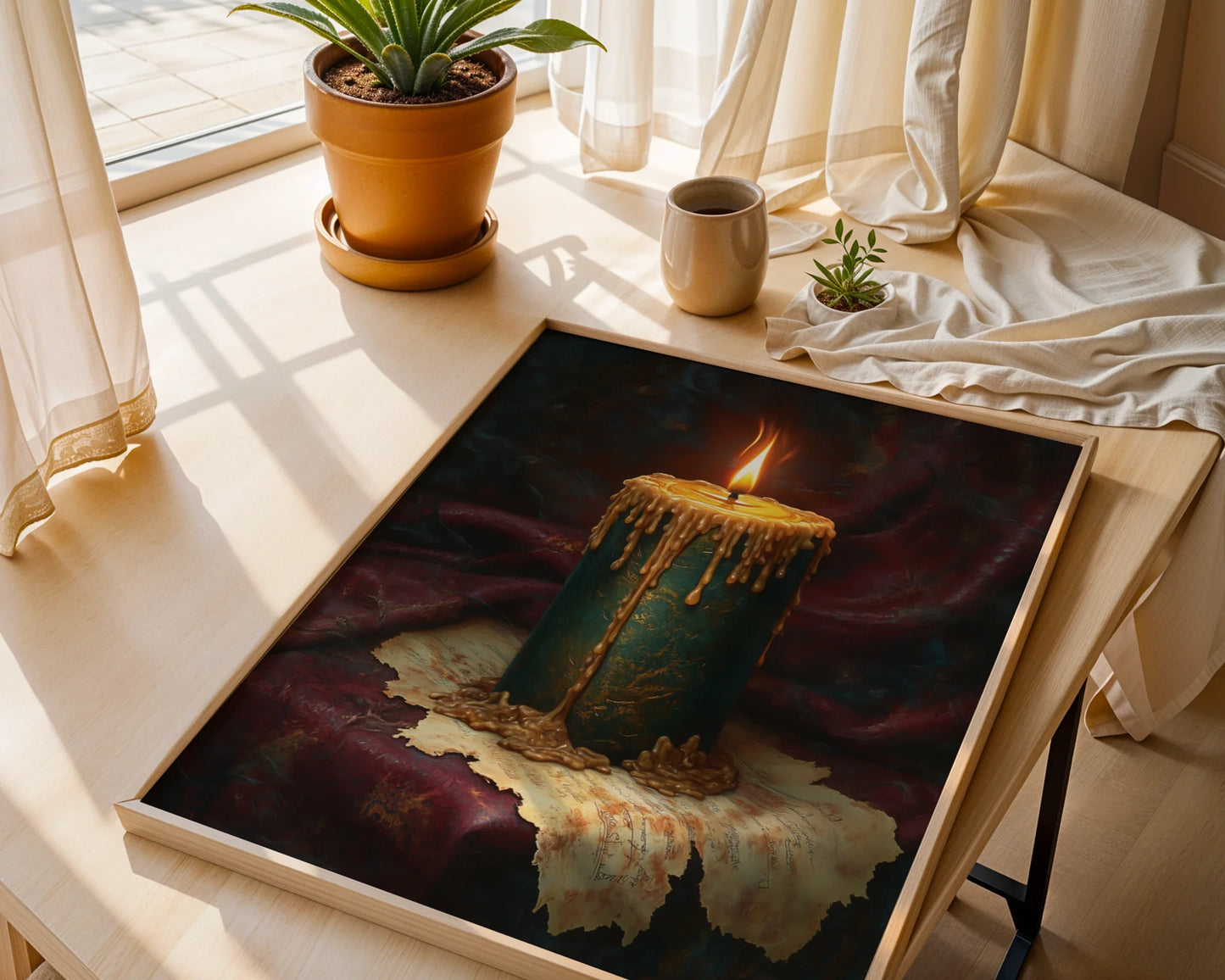 Antique Candle Painting Emerald Gold Tears in room