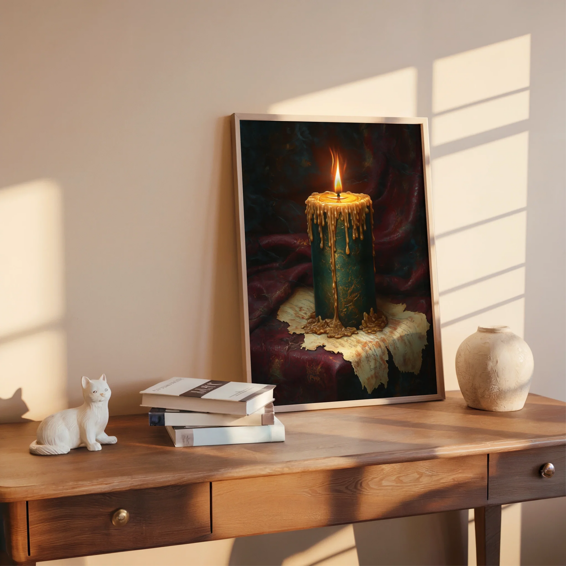 Antique Candle Painting Emerald Gold Tears in room