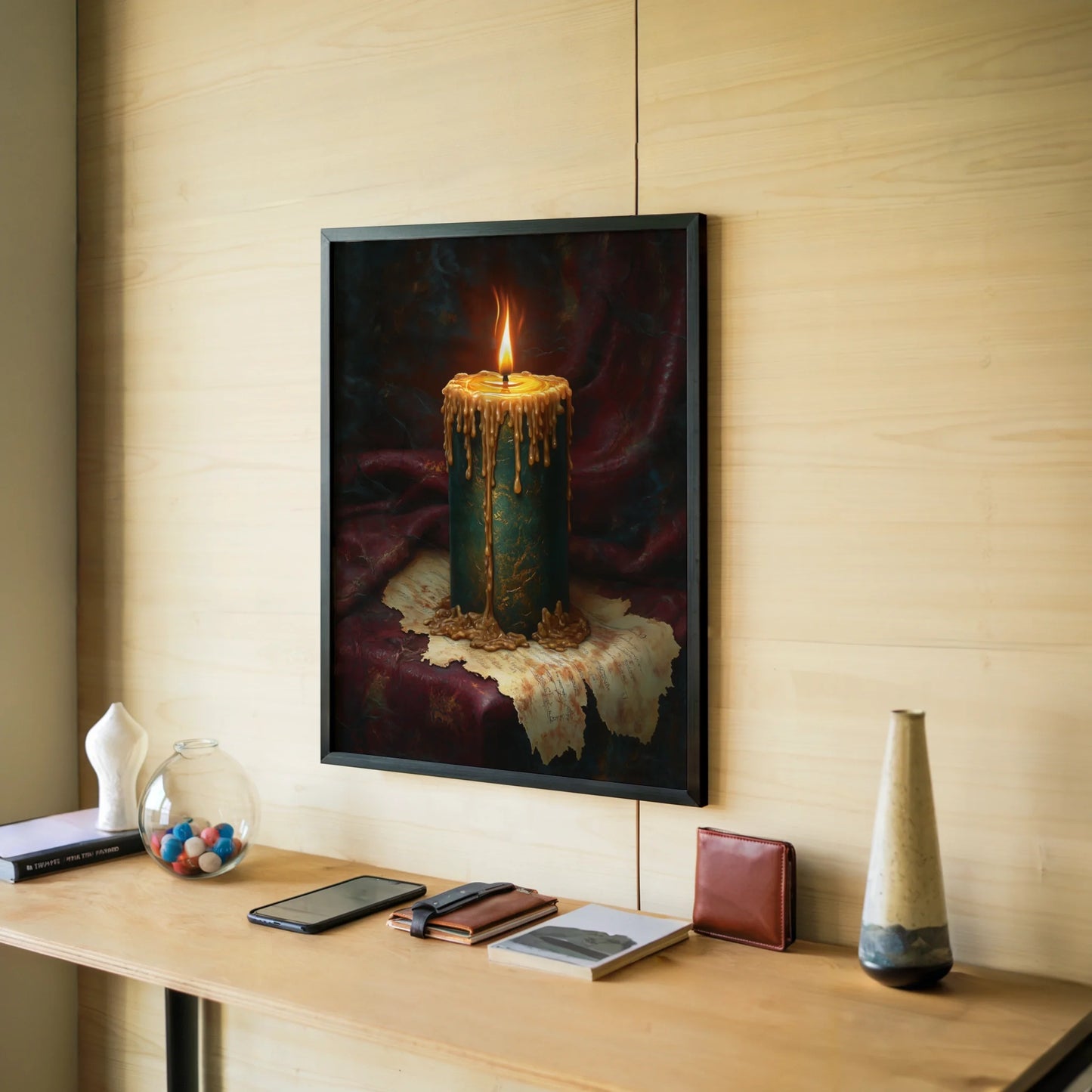 Antique Candle Painting Emerald Gold Tears in room