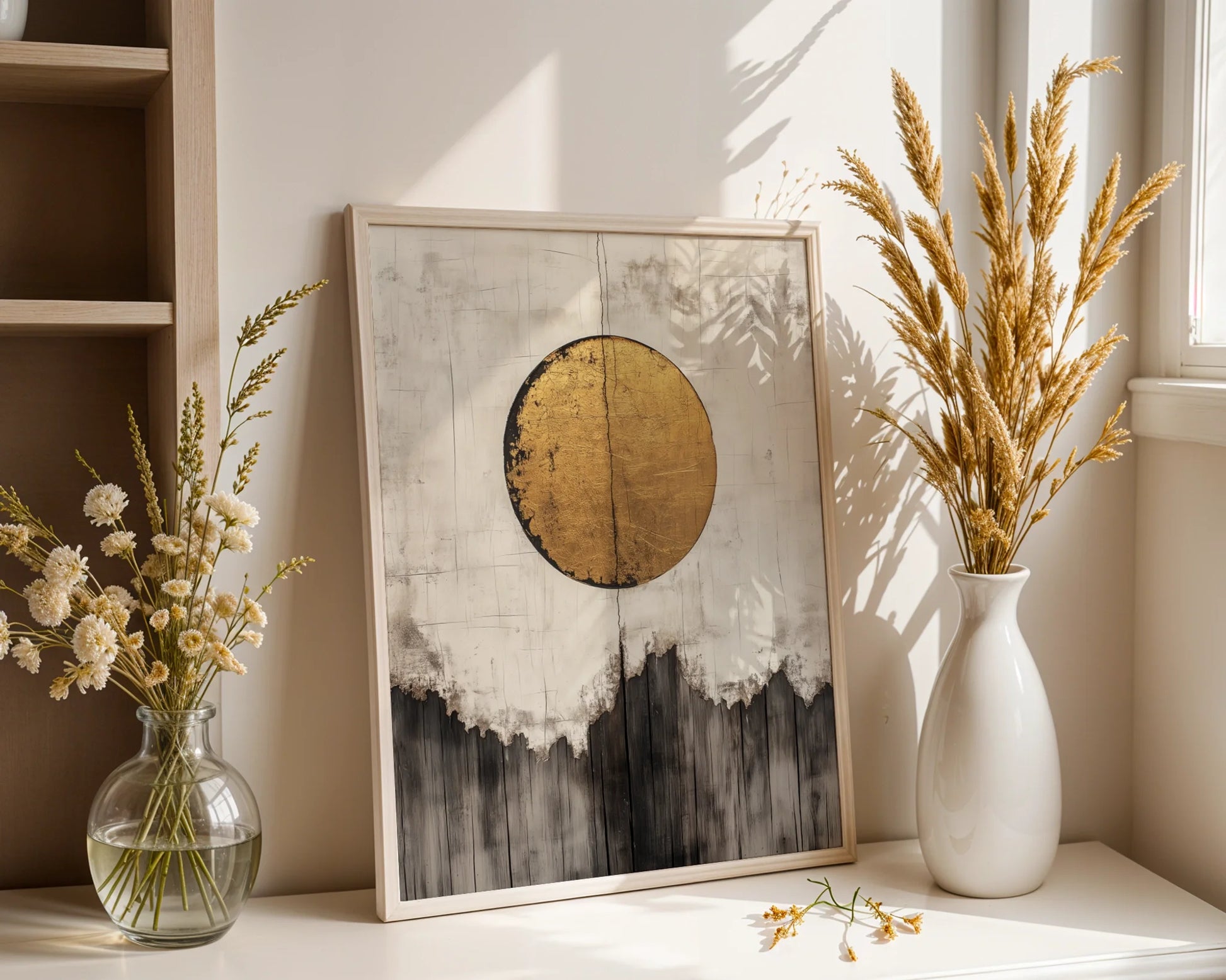 Gold Sun Mountain Japandi Textured Canvas Wall Art — Clean lined canvas displaying abstract golden orb over mountain silhouettes in modern interior