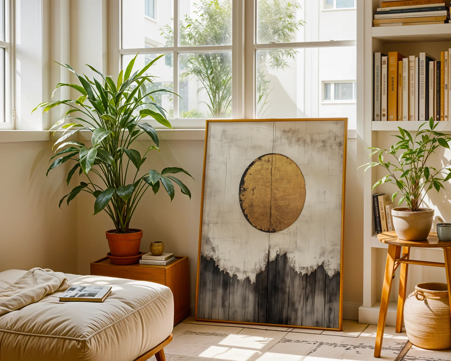 Gold Sun Mountain Japandi Textured Canvas Wall Art — Serene home accent showing weathered peaks beneath glowing circle for tranquil living spaces