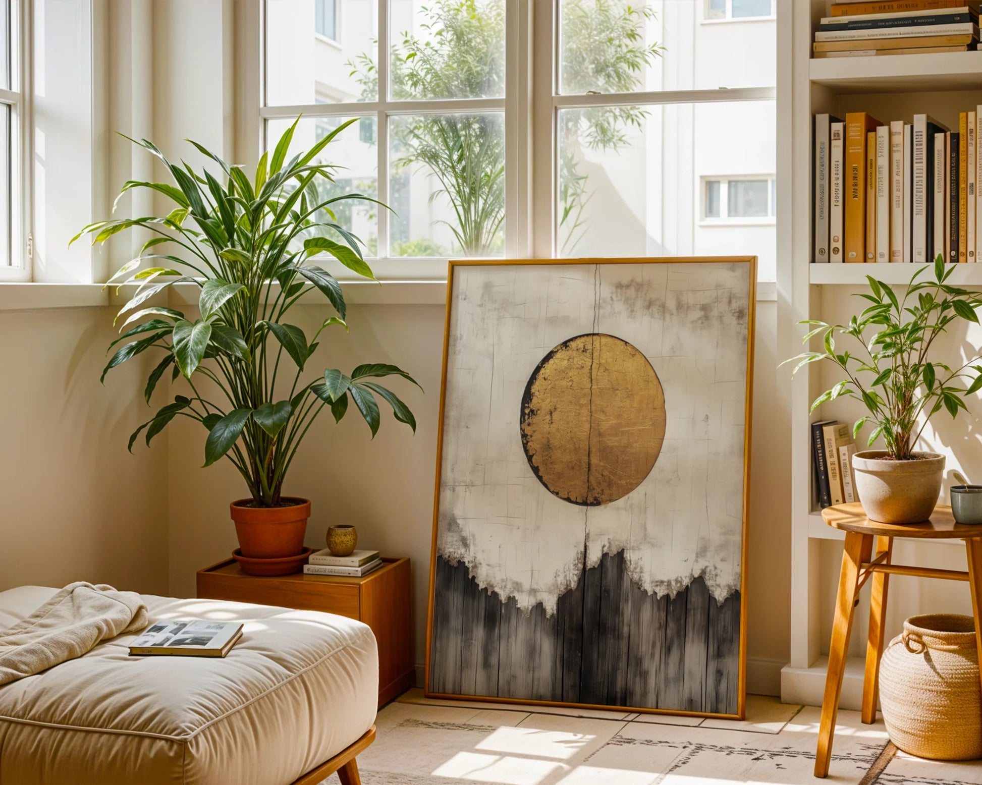 Gold Sun Mountain Japandi Textured Canvas Wall Art — Serene home accent showing weathered peaks beneath glowing circle for tranquil living spaces