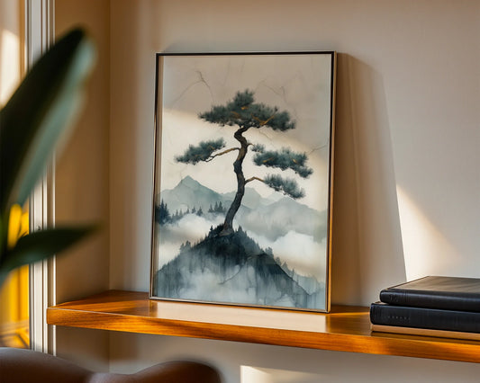 Japanese Style Mountain Art Lone Pine Cliff Canvas Wall Art — Nordic-inspired canvas showcasing a solitary evergreen on rocky ledge for contemporary home decor