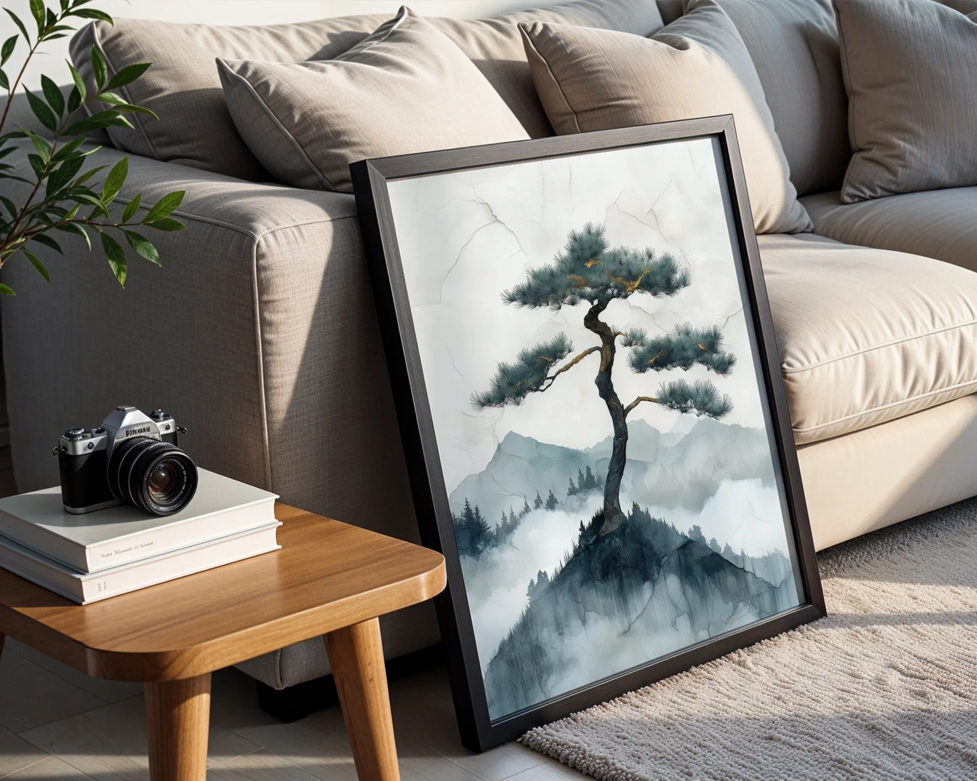 Japanese Style Mountain Art Lone Pine Cliff Canvas Wall Art — Clean-lined artwork featuring weathered conifer perched above foggy terrain in modern living space