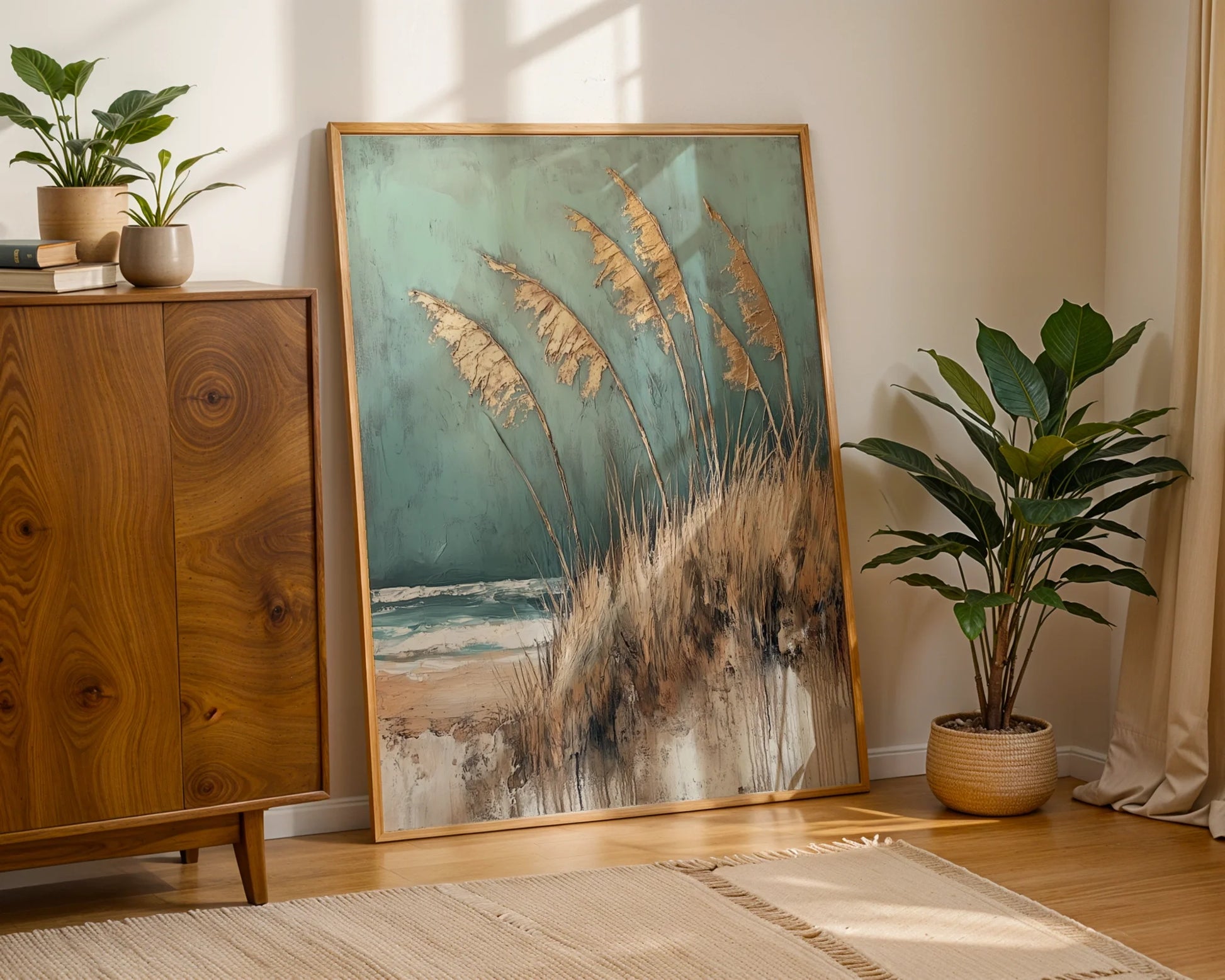 Coastal Grass Windswept Sea Oats Textured Canvas Wall Art — Seaside home accent displaying weathered shore plants bending in ocean breeze for rustic interiors