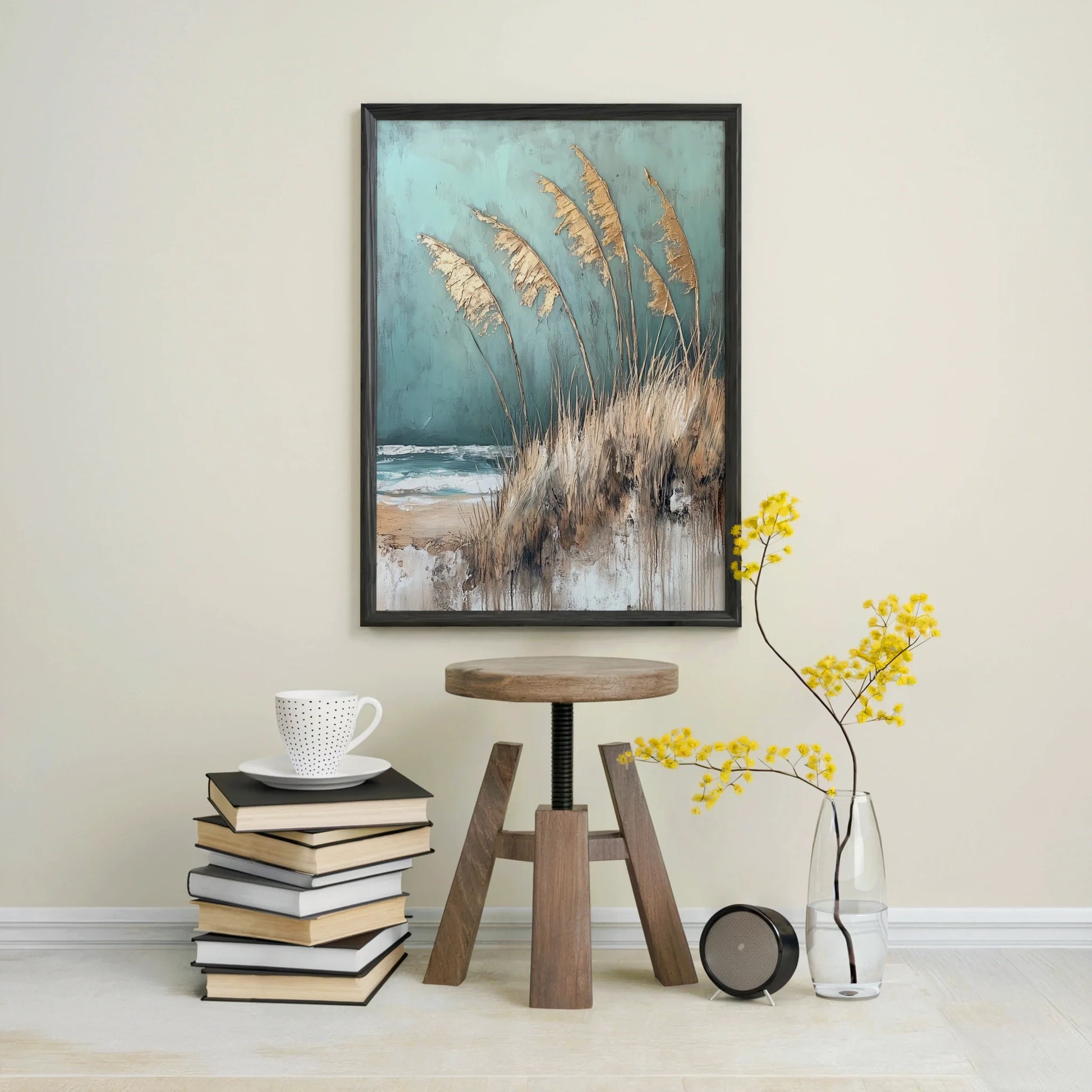 Coastal Grass Windswept Sea Oats Textured Canvas Wall Art — Country cottage piece showcasing storm-blown seaside vegetation against moody horizon for cozy decor