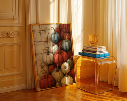 Rustic Pumpkin Art Harvest Stone Farmhouse Canvas Wall Art — Neutral-toned gourd artwork displayed in cozy farmhouse living space with natural wood accents