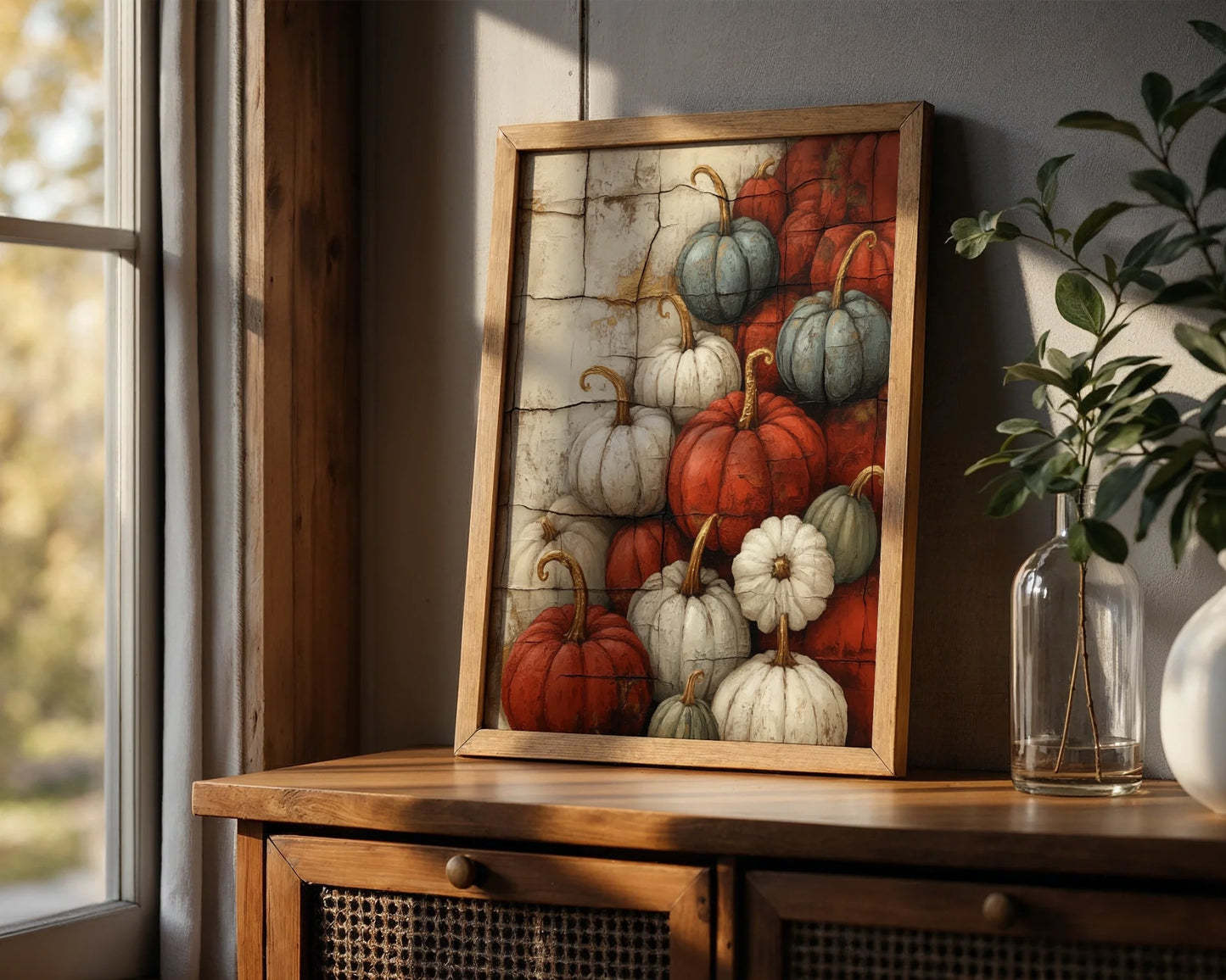 Rustic Pumpkin Art Harvest Stone Farmhouse Canvas Wall Art — Muted autumn squash canvas print showcased in rustic bedroom with vintage wooden furniture