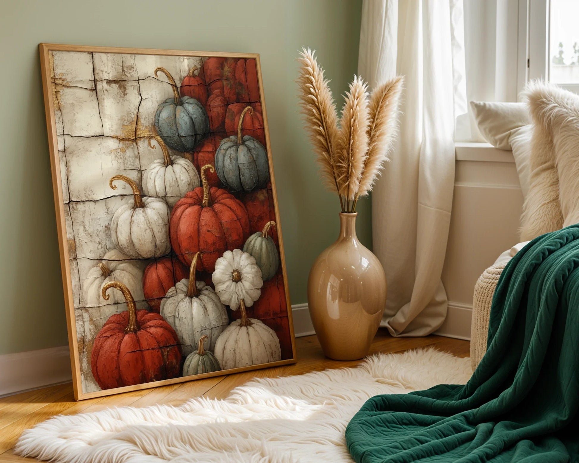 Rustic Pumpkin Art Harvest Stone Farmhouse Canvas Wall Art — Antique-inspired fall vegetable art piece mounted in weathered farmhouse dining area setting