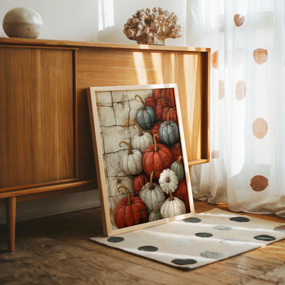Rustic Pumpkin Art Harvest Stone Farmhouse Canvas Wall Art — Classic cottage decor featuring heirloom variety squash painting in cream and earth tones